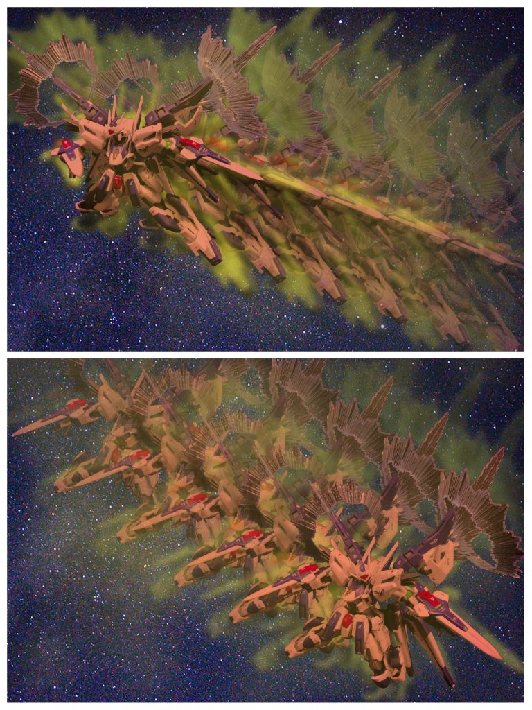 ## [必殺技:T-M.E.P.E シム・ラクルム]
ウェントゥス・レーニスが持つ必殺技。

本機に搭載されたトランザムとM.E.P.Eを同時に発動させることで、通常のMSの次元を越えた速度を実現している。

その速度に加え、トランザムによる残像現象、およびM.E.P.Eによる塗料剥離効果によりMSのレーダーを誤認させる残像が自動的に発生するという性質からシム・ラクルム発動時には*「センサーで捉えた場所には既にいない」*という状況を引き起こす。
このことから、この必殺技が初めて発現した戦闘時には、通信状態の不良、いわゆる〝ラグ〟であると認識された。(後にGBN運営部によって正常な動作であることが認められ、正式に必殺技として登録された。)

使用可能時間は残存エネルギー量にもよるが、最大で30秒。
この技の終了後は約2分間に渡り、機体性能が極端に低下するため、まさしく切り札としての使用に特化した必殺技である。