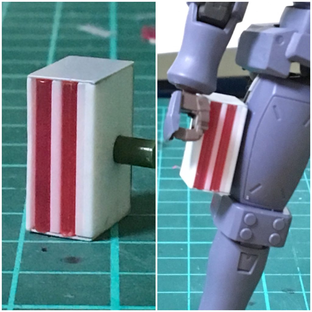 エネルギーパックは、セミスクラッチしました。100円ショップのトイブロックをベースに、プラ板とプラ棒を取り付けました。 ピンク色の部分は、ビームサーベルのランナーを切り取りました。