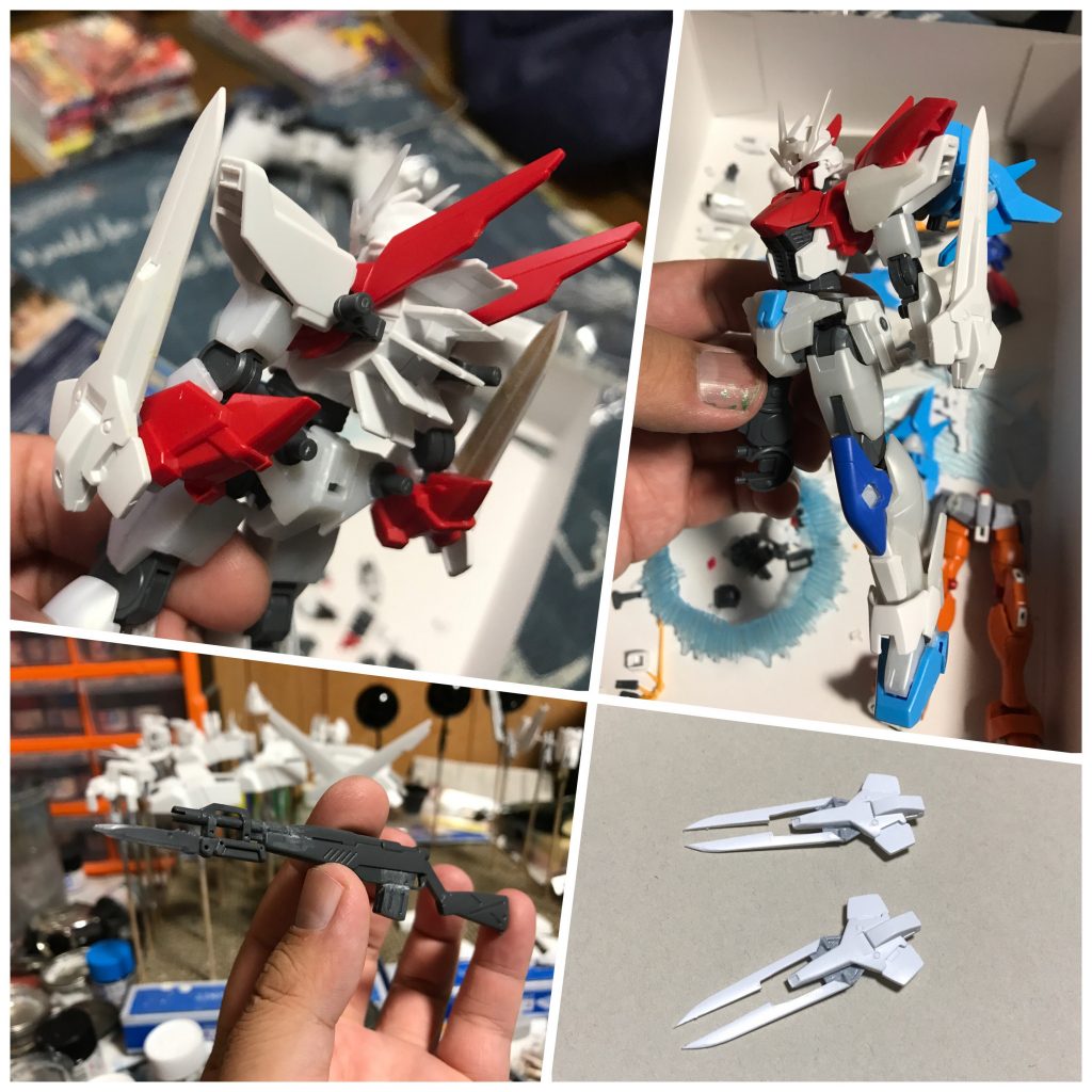 オマケに作りかけをいくつか😌
地味に初期案からはちょこちょこ変化しています。
腕の肘アーマーは我ながらいいものを見つけたと小躍りしておりました😖
10月27日に追加したロストルム、ブラストポジション用の差し換え用パーツは、展開部分を切断後、ジャンクパーツを噛ませてスライドしたように見えるよう工夫してみました☺️