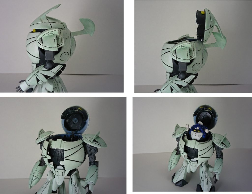 今回の拘りポイント!!
コックピットの開きかたです。
ターンKの後頭部にある飾りがあると、しっかりと開かないのです…
そこで!
飾りを“可動式”にすることで、しっかりとコックピットを開けることが可能にしております!!
これでプチ御大将も無理なく乗せることができ、原作に近いコックピットオープンを再現することができます。