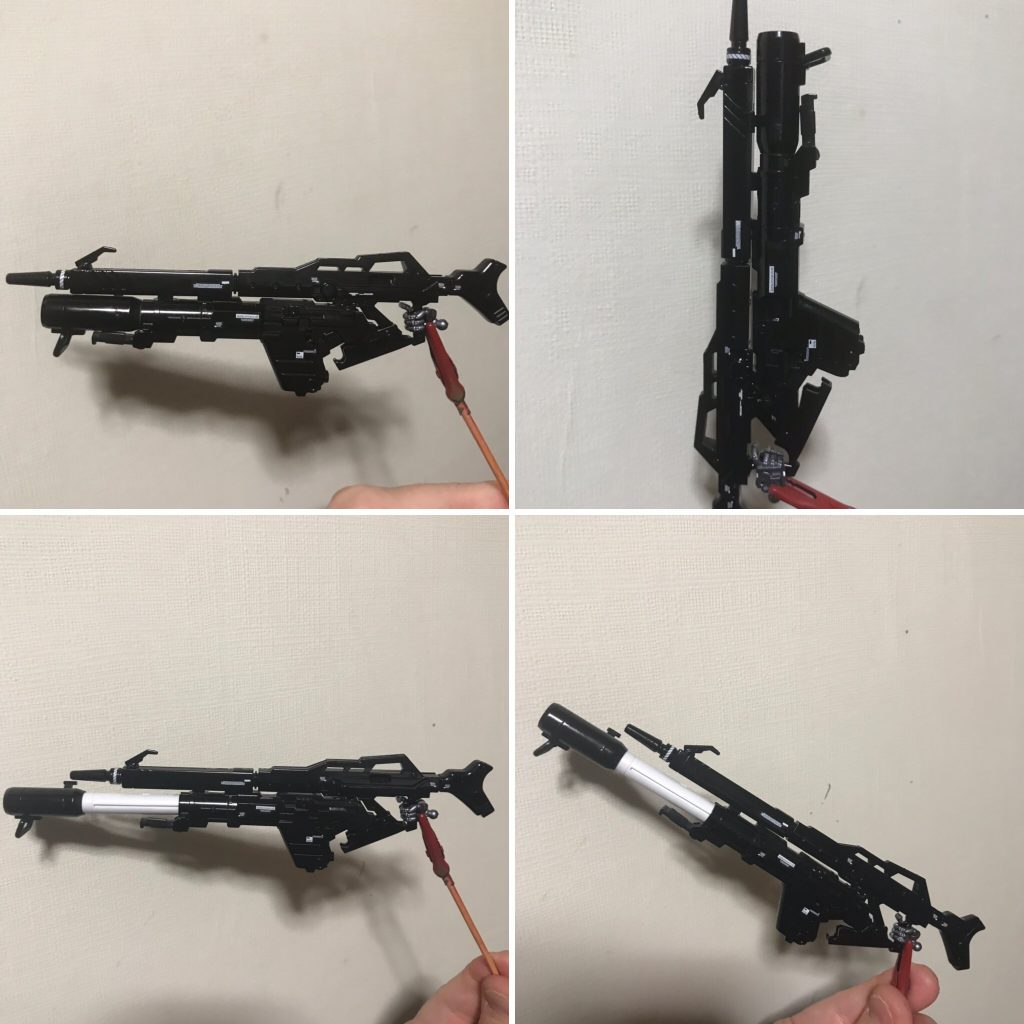武器はガンダムエース付録のロング・ライフルとRGシナンジュの拡張セットのバズーカを塗装してデカールを貼り、マウントしたものを装備させました。