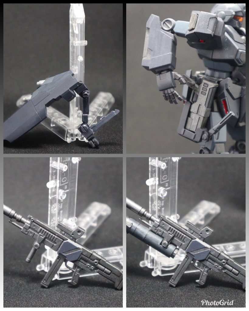 武装一部紹介。シールドは稼働式のアームを作成。右サイドアーマーは、ビームピストルホルスターにへ変更。ビームピストルとビーム十手を装備。ビームライフルはグリップとミサイルポッドを差し替えで換装可能。