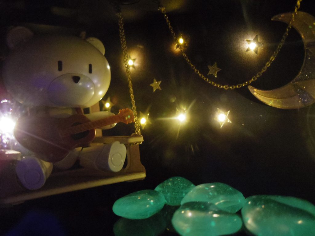 プチッガイを正面から写す角度から。
月夜に浮かびながら、この子は何を思い奏でているのか……