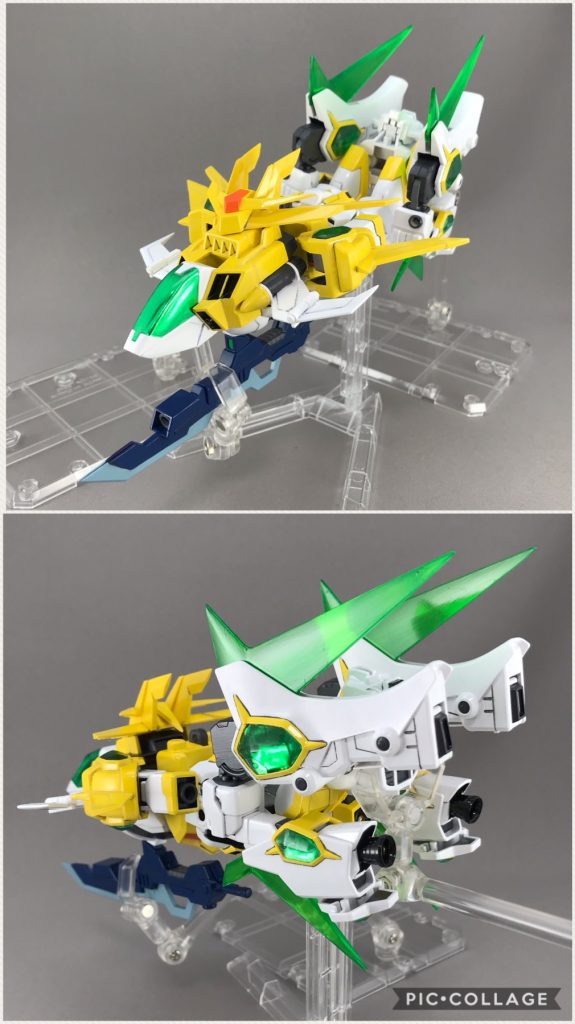 メガコアブースターです。
頭部の羽は展開できるようにしました。
ビットの接続はSDモードと同じです。
コックピットはシールを貼ってその上からUVレジンで固めました。
シールドビットはすき間にブースターをつけ、ブースターとかかとのバーニアの中にはメタルビーズを入れてます。