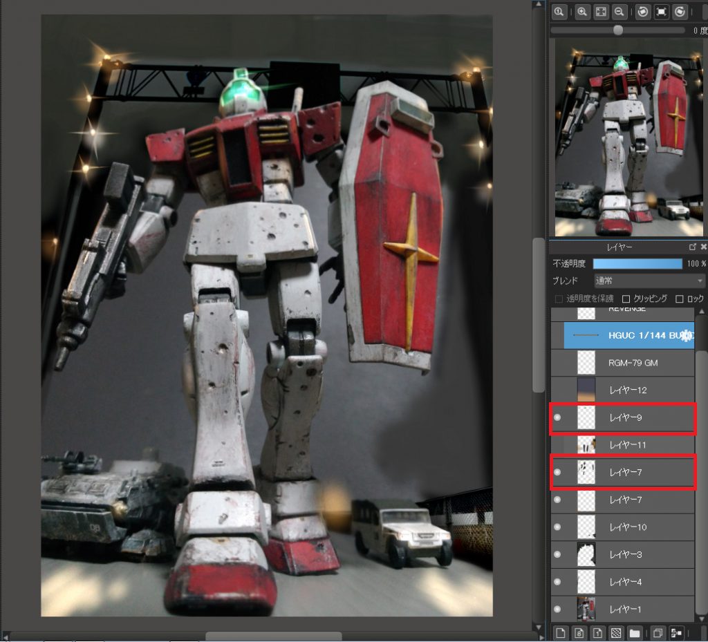 車両の前照灯やジムのゴーグル、背景の鉄骨にありそうな照明機材をペンで描き込んでレイヤーモードを「発光」にします