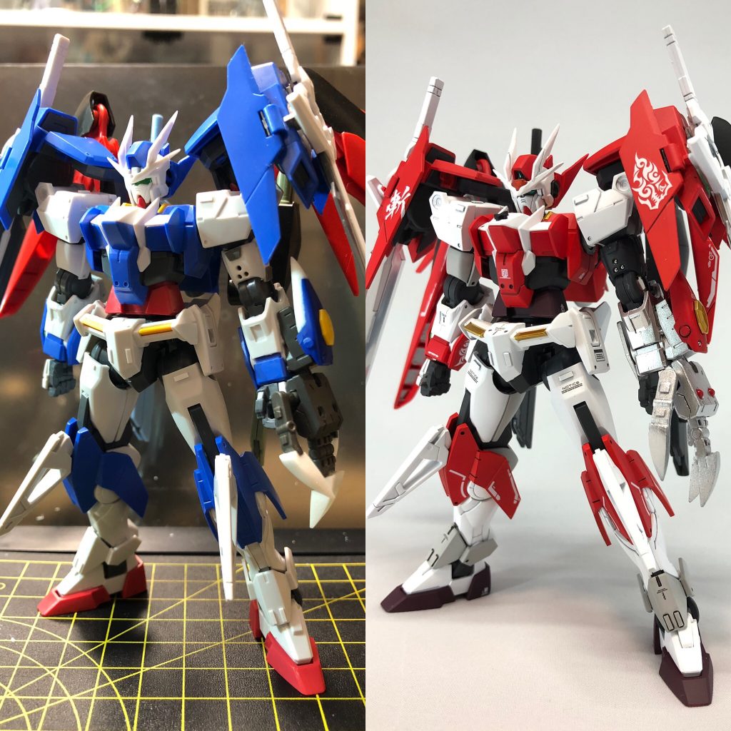 そんな訳で、ダブルオーベースに神への反逆者=悪魔をモチーフとしたガンプラです。胸の逆さ十字は、「悪魔信仰」の証とされているそうです。
塗装前後はこんな感じ。