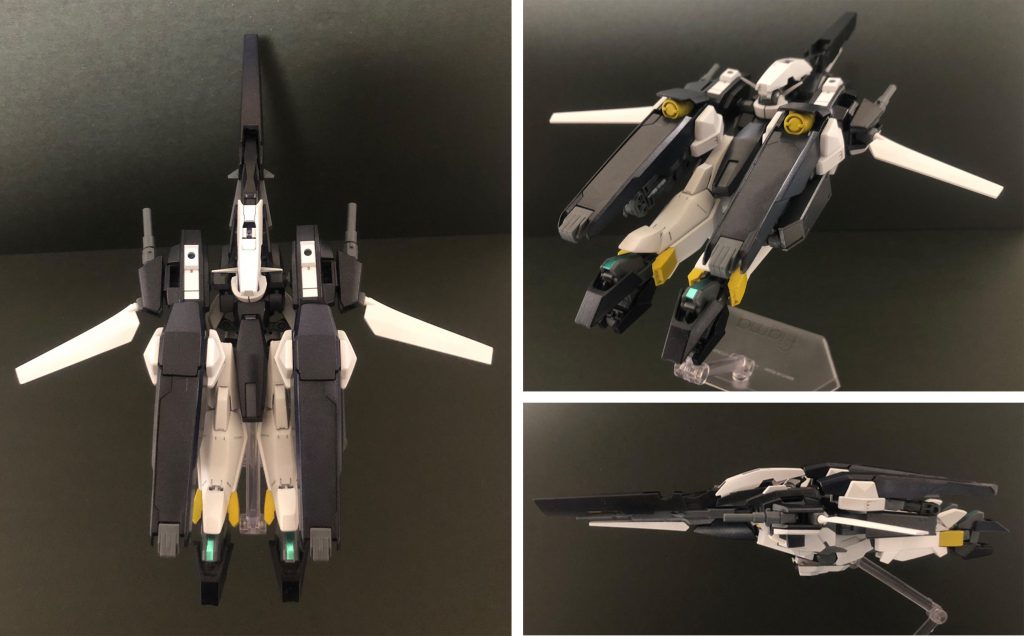 ーーーーーーーーーーーーーーーーーーーーーー
*高速飛行形態<ストライダーフォーム>*
*AGE-2デルタの第二の形態。*
*推進器を後方に集中させることで機動力を大幅に向上させている。*
*一方、各種武装が前方を向いた形で固定となるため、戦闘における汎用性はバトルフォームに大きく劣る。*
*左右に伸びたウイングは切断能力があり、すれ違いざまに切りつける攻撃も可能。*
*ただし、高速移動している状態で敵機に急接近する必要があるため、高い操縦能力が求められる運用方法といえる。*
ーーーーーーーーーーーーーーーーーーーーーー
第二形態はストライダーフォームです!
これはもともとAGE-2に備わっていた変形機構ですね。
より戦闘機らしいシルエットを目指してみたのですが、、、いかがでしょうか?
続いて!第三形態の紹介です!