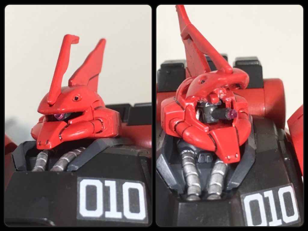 今回の肝はHGなのにモノアイ可動出来るところ。
元機体のままだとモノアイ自体はクリアパーツでも他がシールなのは味気なかったので、頭部をくり抜いてモデリングパーツの関節を加工して昔のMGみたく左右に動かせるようにしました。
ホント細かくて大変でした。
上級者の方々はもっと細かい作業してると思うと驚愕です(;゚Д゚)