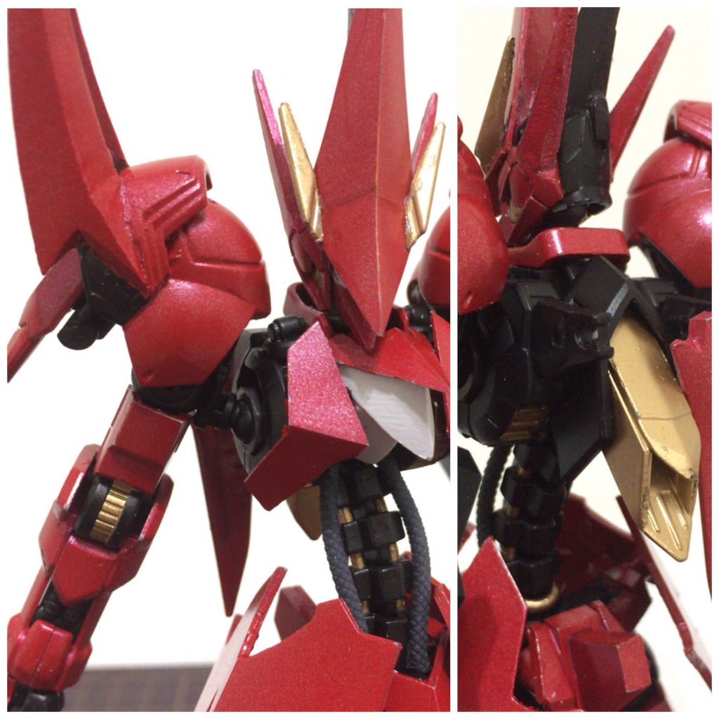 個人的に肩と胴体が気に入っています
肩   第4形態の物をモールドに沿って真ん中で切断し向きを変えて接着してからポリパテでトゲ?を作りました
胴体   胸の装甲はスクラッチです。腹部はバクゥの首を使い、フレームのままだと背中に物足りない感じがしたのでバルバトスのバックパックの真ん中のパーツを付けています