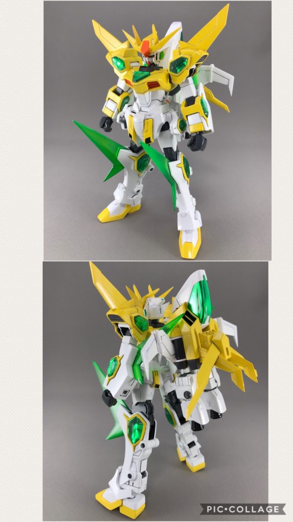 リアルモード!です。
モモに違和感があったので、モモとひざ関節はガンダム7号機にして、アンクルガードはネオジム磁石で付け替えできるようにし、各関節は後ハメできるようにしました。
スカートはそれぞれ可動します。
追加したパーツはまとめてバックパックのブースターにしました。