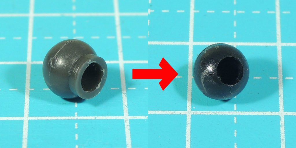 追記：
バインダーの付け根のボールジョイント、
さらにそのバインダーがぶら下がった上半身を支える腰のボールジョイント
共にいつものポリキャップ製ではグニャグニャで、
受ける方を太らせても駄目でした。

そこで手持ちパーツの中から見つけたのが『関節技球体ジョイント』の
「スリム」と「ミニ」に付属している6mm球です。
関節技シリーズとの連結が前提のパーツなので
最初から3mm穴が開口済みで無加工で置き換え可能。
摩耗しない独特の粘りを持つ球体が
本作のように上半身の重量がかさむ場合でも
滑らかな可動と過不足無い保持力を発揮してくれます。
バインダー付け根と腰、3箇所のボールを置き換えてその後は快適です。