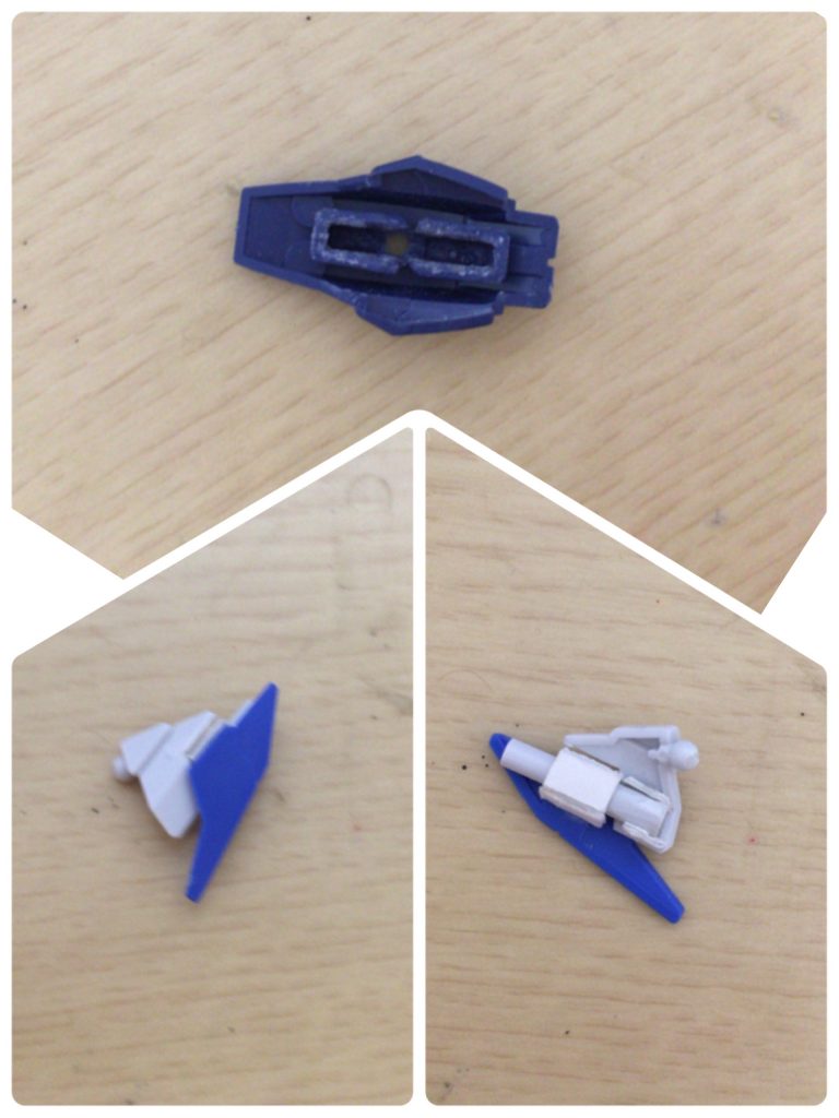 GNナックルビットは差し替え部分を切断 スライドで再現可能にしました
GNビームサーベルはプラ板で取り出しを再現 組み換えが面倒だったし、この程度なら自分でも出来そうな改造だったのでやってみました