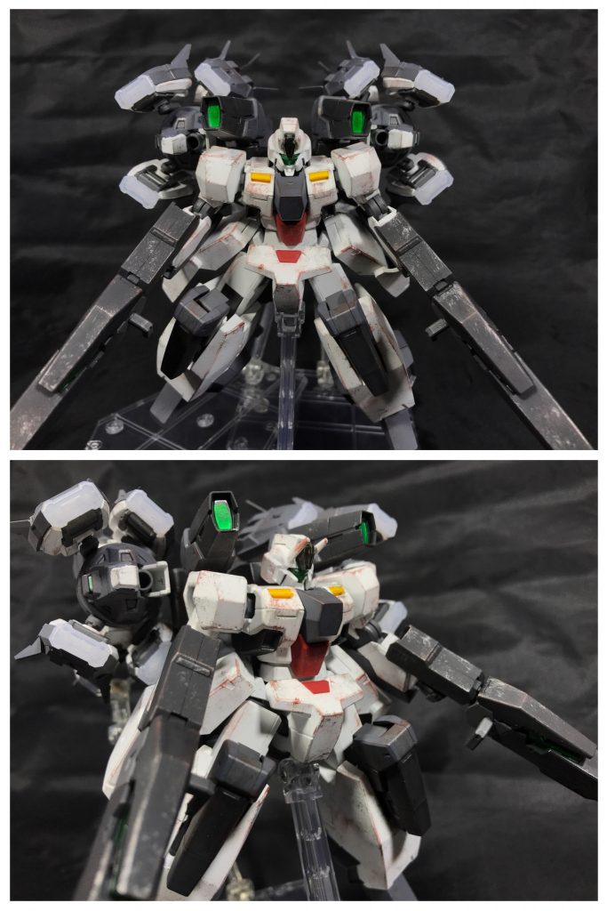 ## [GNトレミーキャノン アルフ・ライラ]
背部バックパックに装備した2機のプトレマイオスアームズのGNキャノンは、機体に装備した状態で放つことが可能。

2機のGNトレミーキャノンを同時に放った際の威力はアミュティスのGNイフリートカノン:バーストモードにも匹敵するとほど。