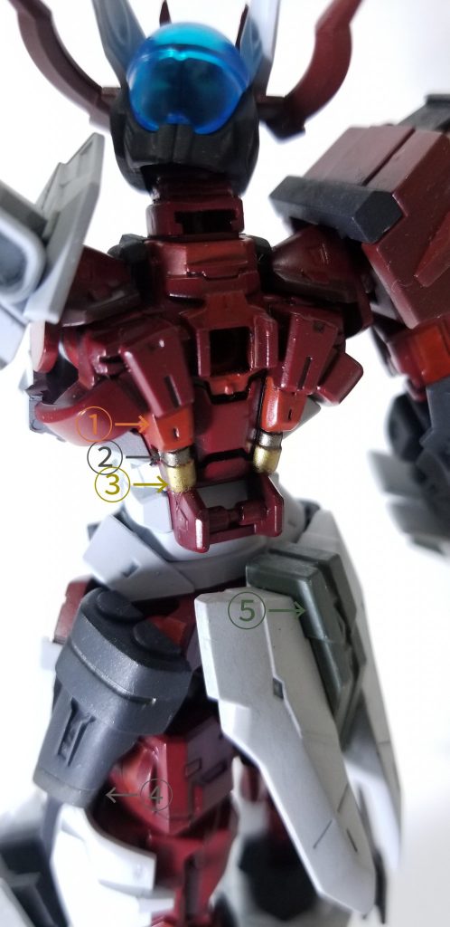 エナメルカラー編その1
①xf-7フラットレッド②x-32チタンシルバー
③x-31チタンゴールド
④xf-84ダークアイアン(履帯色)
⑤xf-61ダークグリーン