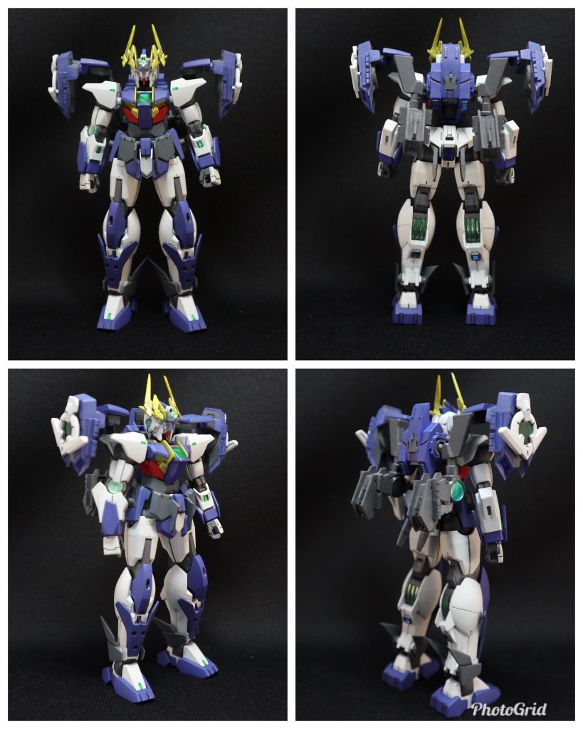 すっぴんを色々の角度から。ダイバースカイから胴体、脚部、肩アーマーを腕部とバインダー部をダイバーエースから利用してます。腰リアアーマーにダイバーエースのビームサーベルホルダーを移植。バインダーアーム部分に別アームを繋げ、ケルディムサーガの膝アーマーを使用し、GNビームライフルホルダーとGNナイフのホルダーを作成。両肩のバインダーは、ウイングを廃しシンプルにしました。ダイバースカイのGNソードの柄部分を残し、独立稼働が可能なGNセンサービットならびにGNコンデンサーとして利用してます。