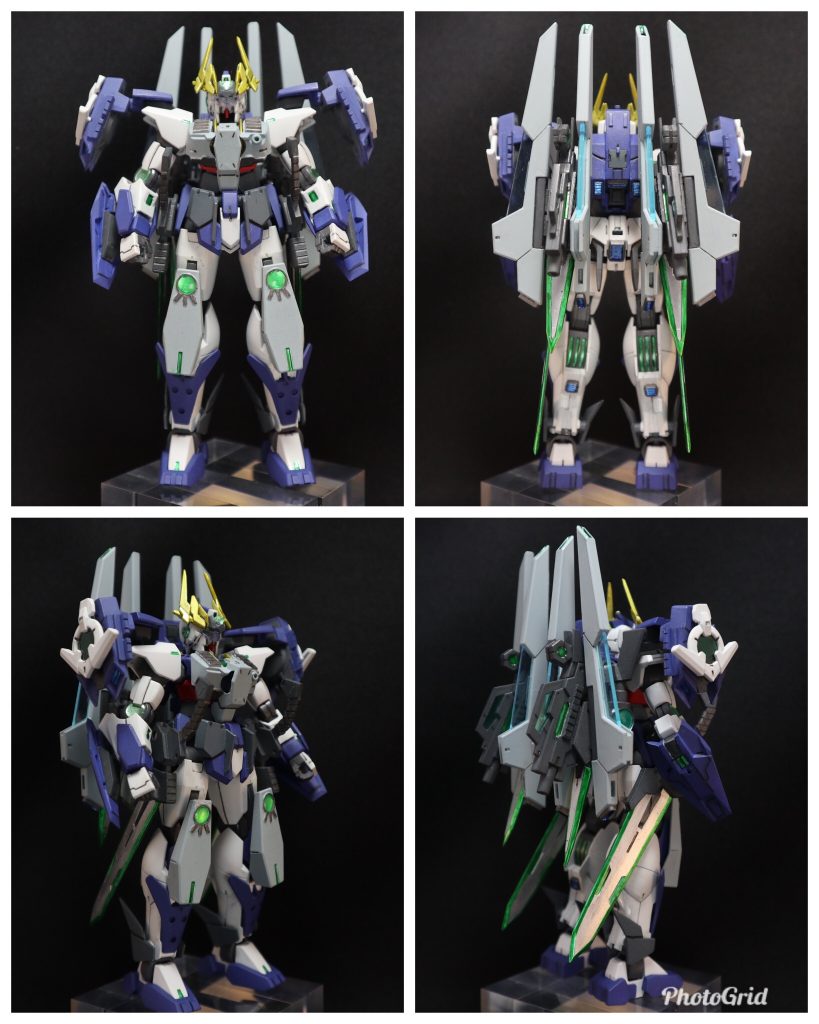 フル装備ノーマル形態。胸部に追加アーマー、両膝に小型コンデンサ内蔵のシールドビット、ノーマル形態では、GNライフルビット改をライフルホルダーの両サイドに接続し、4枚のスラスターバインダーの様なシルエットに。GNツインブレードはサイドアーマーに懸架します。両腕にはバックラーシールドを装備し、格闘戦時に使用。