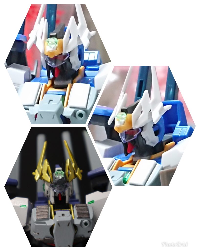 頭部は、ガンダムシュバルツリッターをベースにダイバーエースとミキシングです。アンテナ部はトランジェントのパーツを使ってます。クリアパーツのバイザーでツインアイが画像にきれいにでない。