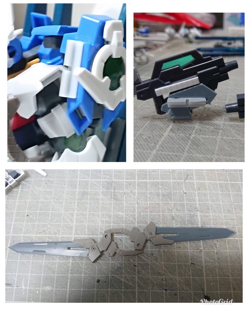 武装制作画像。GNライフルビット改の接続は、L字プラ棒から作成してます。