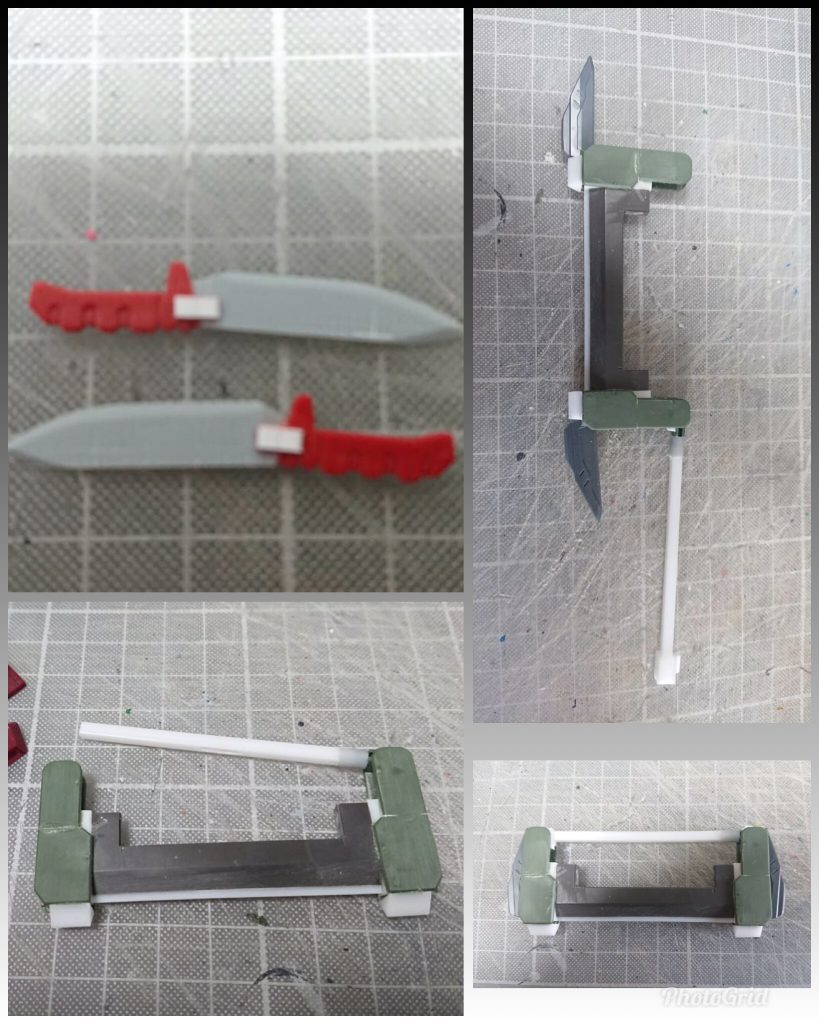 武装セミスクラッチ。プラズマナイフのブレードはプラ板から自作。ブーストハンマーは、鉄血オプションセットのバスターソードとグリモアレッドベレーのシザークローを使用して作成。