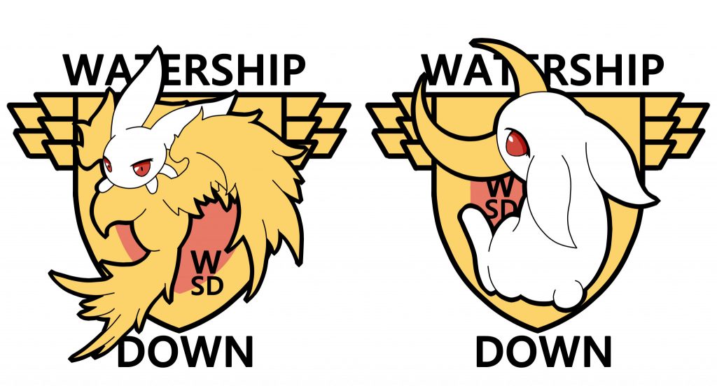 機体に貼った自作エンブレムがこちら。
左のが機体エンブレム。ヘイズルが機体エンブレムをお尻に貼ることになぞらえて、MA形態で言う機首に貼ってあります。
そして右のがパーソナルエンブレムのつもりです。CSB(黄)と背部スラスターに貼ってあります。
TITANS TEST TEAMではなくWATERSHIP DOWNなのは、あくまでGBNで使うガンプラということで「フォース《WATERSHIP DOWN》所属の機体」という設定で作ったからです。