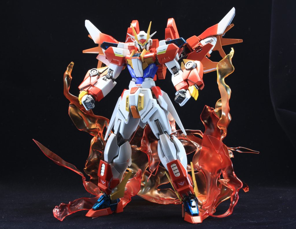 「GN粒子完全開放!燃え上れ!スカイバーニング!!!!!」
背部のVS(Victory Sky)ドライブを展開し、GN粒子を完全開放した姿。
解放時には炎のエフェクトが駆ける。