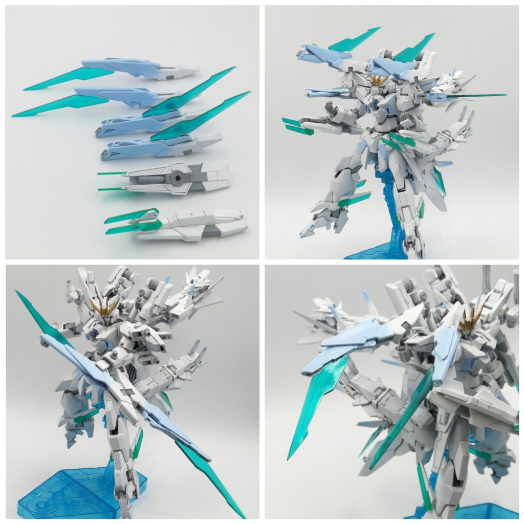 ·Xファンネル
X=クロスの略。Fファンネルの改良でビーム砲を追加しています。手に持たせる場合2機を繋げることが出来ます。
·Dファンネル
D=ドラグーンの略。ダブルバレットのドッズキャノンを改造した物で、シールドとしての利用や先端のシグルクローで攻撃することも可能です。