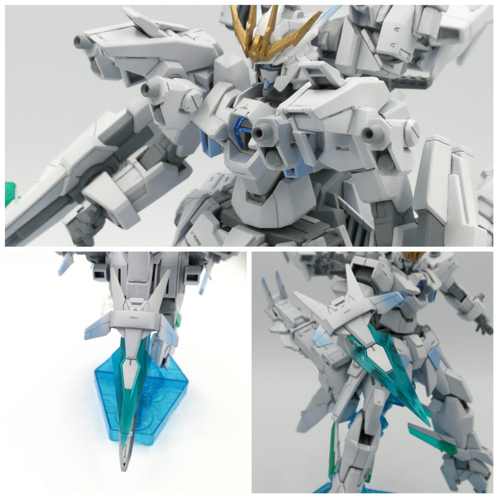 またファンネル射出中の機体の火力面を補う為、肩ユニットにビームマシンガンとグレネードを装備しています。 
·シグルシールド
通常のマグナムと性能は変わらないですが尾翼として機体を安定させる機能があります。