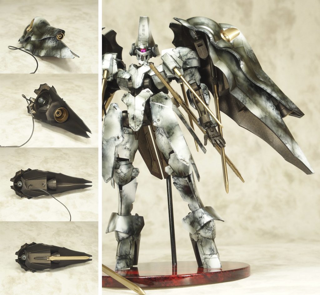 外バインダーには中型スラスター。
内バインダーには大型スラスター。
大型スラスターがランダムスレートの排出口でもあり、
これで亜音速機動を行う。

ソードワスプはケーブルをグイグイ押し込んでやれば
マウント状態にも出来る。
しかし土台の形状がテキトー過ぎたのでマウントしたら
腕に当たって超邪魔(お馬鹿･･･
　
　
　
　