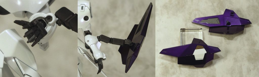 補助武装として両腕袖口に実弾式の機関砲を内蔵している。
両腕のシールドはサブアームで保持され、
防御プログラム制御で自由に動く。
裏側にスラスターを内蔵。
 
 
 
 
 
飛行形態。