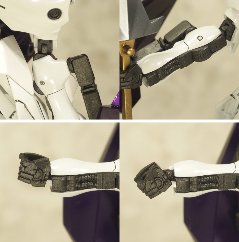 肘関節はエーデルヴァイスと同様の工作でヒネリ可動の入った二重関節化。
下腕部内側の装甲を切り欠いてバルバトス第四形態のフレームを切り取ったものを接着。
もちろん移植したフレーム部分は可動しませんが、見た目は三重関節っぽく。
右手首はランスや剣の装備を考えて手首に1mm真鍮線を使って可動を追加。