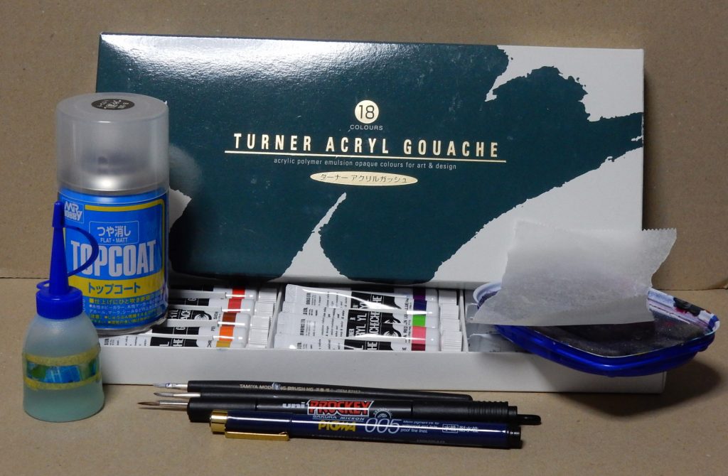 今回使う道具はコレ!
アクリルガッシュ、筆、ウェットパレット(簡単に自作できます。作り方はググってね)、プロッキー、ミリペン、水性つや消しトップコート。
他に水で薄めたマジックリンを修正用に使うと思います。