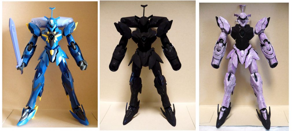 ここからは製作過程の紹介です。
左から素組み、アクリルガッシュ黒を全体に筆塗り、
本体部分の筆塗り途中工程です。