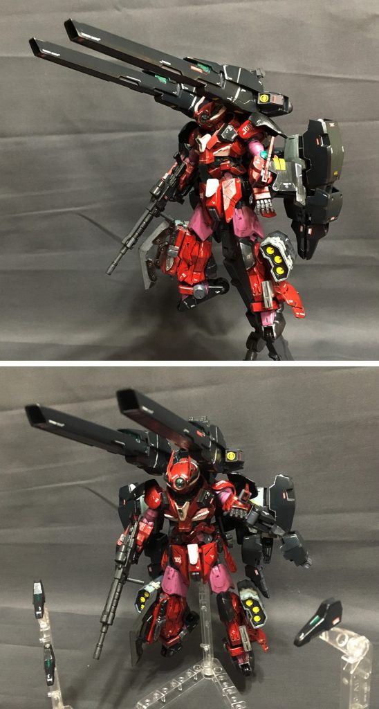 GNバズーカ発射形態。そして、クローユニットのクロー部は単体でクローファングとして機能し、クリスタル部は小口径ながらGNビームガン、GNカッターを発生。これはAGEⅡマグナムのFファンネルに対抗するための武装である。