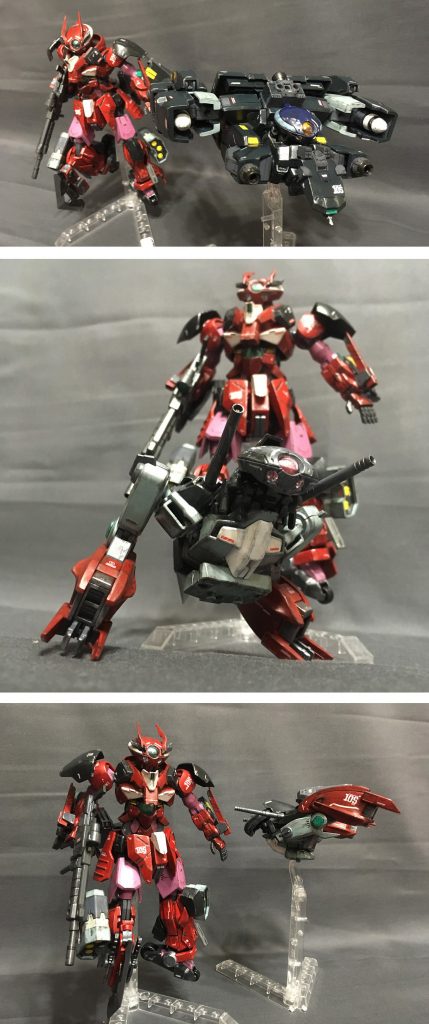 ブラストキャリバーは、その大きさから中~近距離戦には向かないため、近距離戦を強いられる状況ではバックパックからキャリバー形態へ変形し分離、離脱する(キャリバー形態でも両脇のGNビームキャノンで攻撃できる。)そして、もう1体のプチモアが駆るラウンドキャリバーが支援にあたる。ラウンドキャリバーは逆関節の2脚形態、2脚をブースターにしたキャリバー形態に変形が可能で、背中の2門のGNガンで視野外からの攻撃補佐を行なうが、バックパックとなることで、グリモアの機動力が3倍に跳ね上がる。