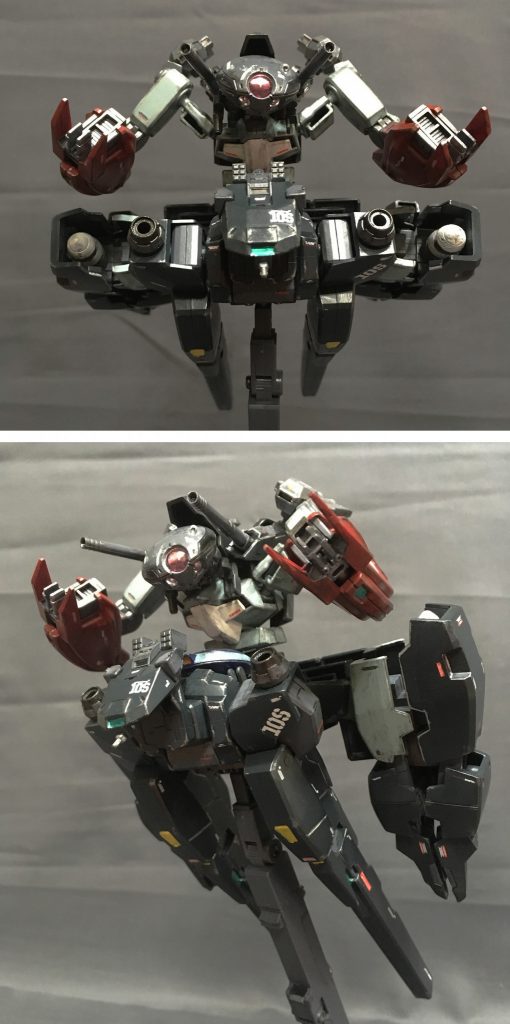 そして、この2機のキャリバーが合体することでMA形態「グリモドール」となる。2機のプチモアが機動(上)・火器管制(下)を分担して操作し、敵機を殲滅する。GNバズーカはこの状態時hスタビライザーとして機能しているため、前方などには発射できないが後方、下方には攻撃可能。またそれ以外の装備は通常どおり使用でき、腕部となったラウンドバーニアは爪とGNフィールドを利用した直接攻撃もできる。