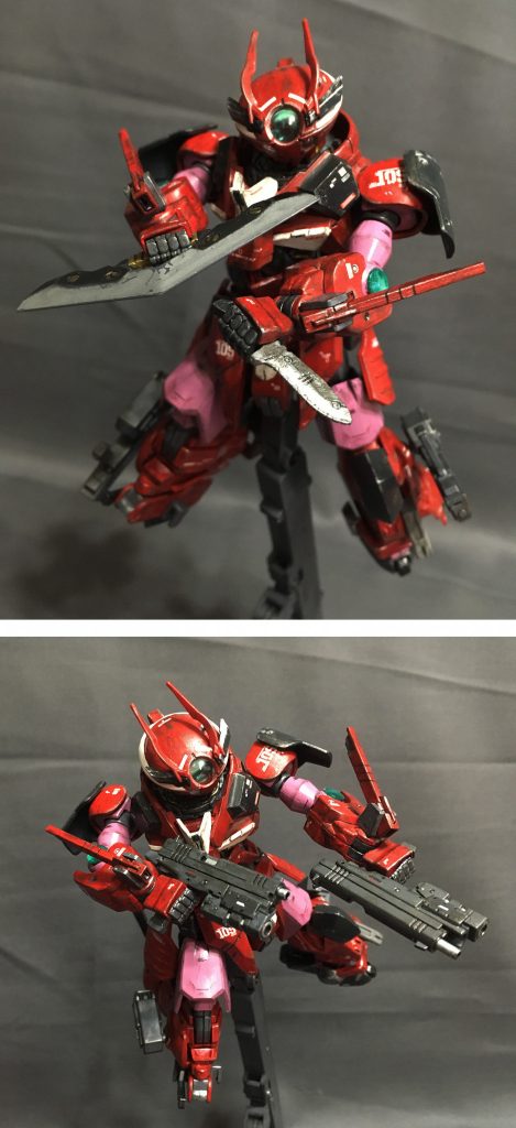 GNカッターはフィールドをもちビームの効かない相手に、プラズマナイフは3本を装備しているので、投擲などにも使われる。GNハンドガンは出力の調整が可能。