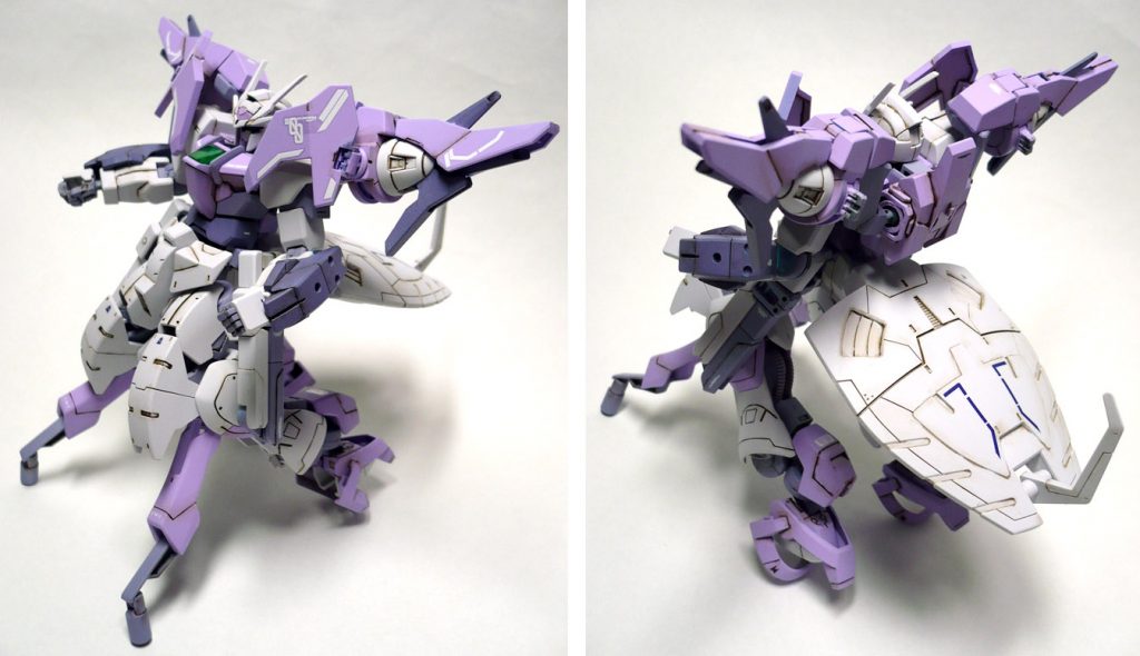 四つ脚形態、武器無しの立ち姿です。
この状態だと武器を持たせても安定して立たせる事が出来ます。
元々短い脚が四つ脚になる事で全長が更に縮みますが
それがコンパクトな印象になっているのかな？と思いました。