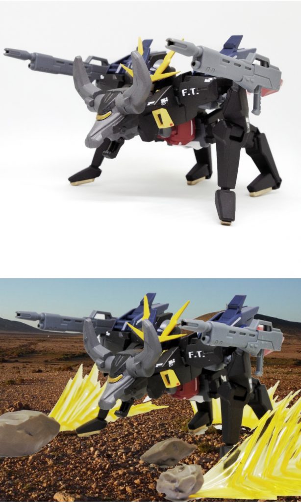 ## ブレイヴラッシュ
AGE-2ブレイヴの胴体が変形したバッファロー型メカ。
分離時は、主にこの機体にパイロットが搭乗する。AIによるオート化も可能。
両肩に装備されたビームライフルと突進が主な攻撃手段。
足裏のスラスターを利用して、宇宙空間でも、戦闘可能。