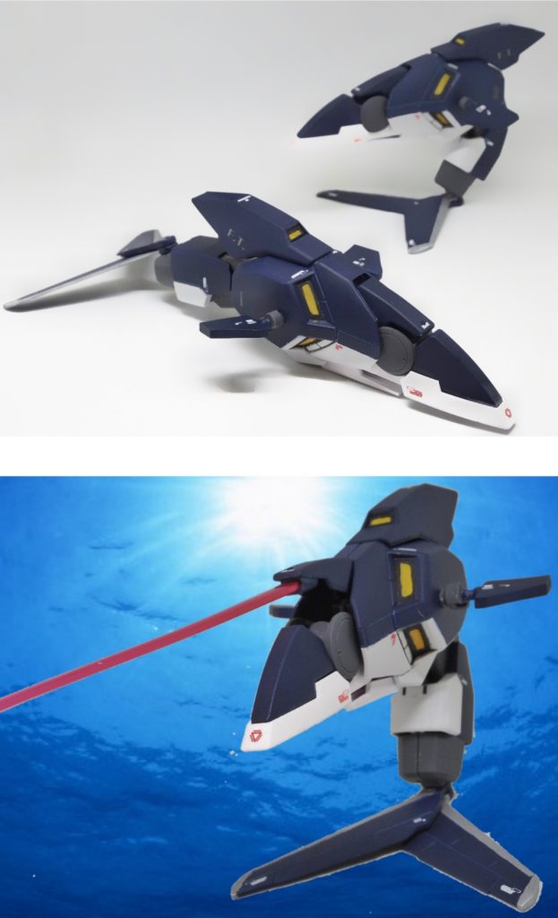 ## ブレイヴマリーナーⅠ & Ⅱ
AGE-2ブレイヴの脚部が変形した2機のイルカ型メカ。
ブレイヴハイヤー同様、こちらもAIによる独立戦闘。
尾びれのカッターフィンと、機体前方に装備されたビームサーベル兼ビーム砲が武装。
地上では、ホバー移動。短時間であれば、ジャンプ後に空中を滑空することも可能。
宇宙空間では、水中同様の機動性を発揮する。
右足がⅠ号機、左足がⅡ号機と決まっている。