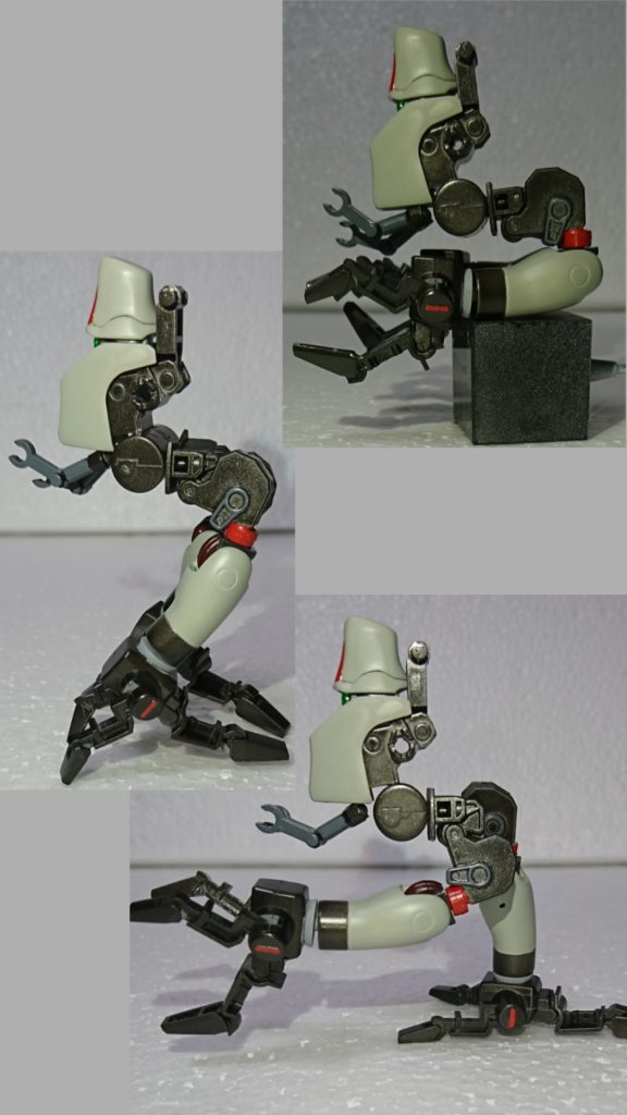 ポッドの後ろ脚めっちゃ悩みました。
どうにかしてコの字型にしたかったんだけど。鉄血のガンダムフレームの膝関節が役立ってくれました。おかげで結構可動域も広いし、前にも延ばせる。しかも脳波コントロールできる。…できろ。