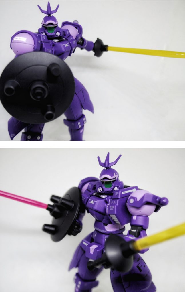 接近戦が長引く場合、ビームキャノンは、デッドウェイトとなるため、バックパックのジェネレーターごとパージ可能。
クラッシュシールドとビームサーベルを駆使して、積極的な接近戦も行う。
ビームサーベルは、通常の物よりも、出力が強化されている。