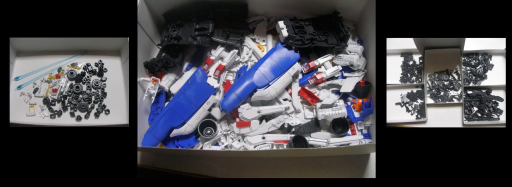 順に製作開始していきますが、Ex-S回とFAZZ回では「全パーツばらし」という愚行をしています。製作難度大幅上昇。腕試しにしてはやり過ぎた感あるも、反省も後悔も無し(他の回でも何度か同じ愚行を繰り返す)。
Ex-Sでは、外装・フレーム・PC&小物の3種に分類。
万一混ぜてしまったら最後、刻の涙を見るハメになります。