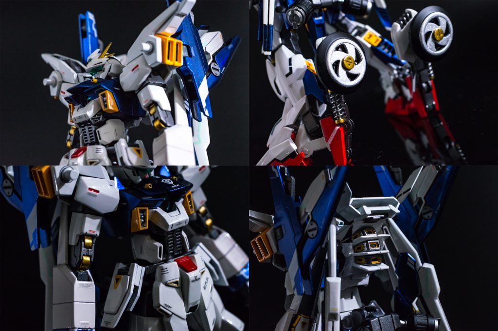 F91要素も出来るだけ入れたかったので特徴的な腹や背中のパーツはそのまま持ってきています。
V.S.B.Rは踵に接続しビルダーズパーツのレドームと組み合わせてサスペンションの付いたそれっぽい機械V.S.H.Sとして仕上げています。
背中のウイングはHGでは少し小さく感じたのでMGAGE-2のものを使用しています。
