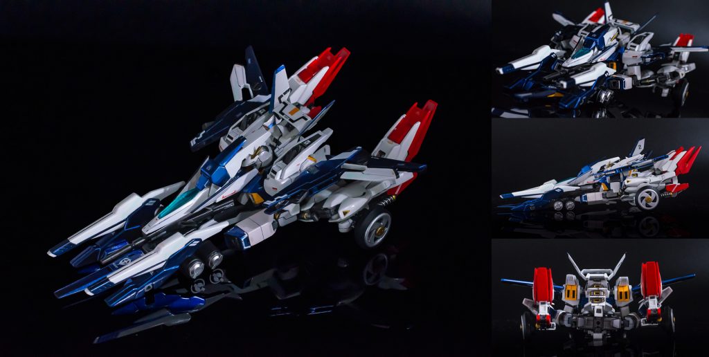 変形してマシンフォーミュラ形態に!AGE-2マグナムのフェニックスモードを見てたら「車っぽく出来るのでは?」と思いついたのが発想元で、そこからいじくり倒した結果こうなりました。