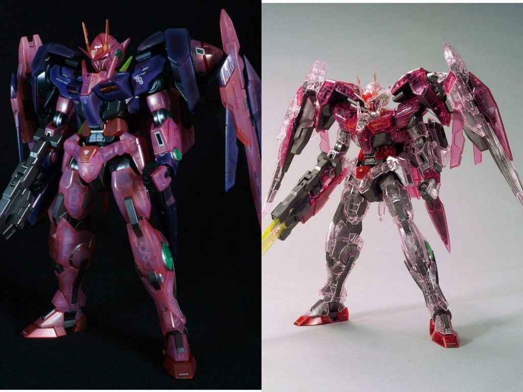 最後に無塗装状態の比較です。特に胸部等の青のパーツは最初にクリアブルーで塗装してからレッド系のパールでグラデーションをしたのでかなり色が変わりましたがトランザムといえばこの青が好きだったので差別化が出来て良かったです。