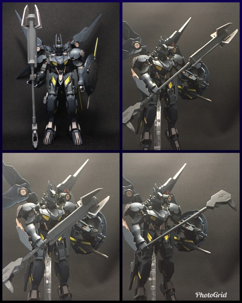 バトルメイスを構えてポージング。中にプラパイプを仕込み、柄の長さを調節可能。片手持ち・両手持ちの2つの間合いで対応可能。石突部分にはピックを装備しています。