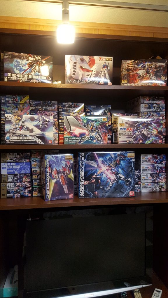 【おまけ】我が家の積みプラ達…部屋を模型店の様にしたい(笑)いつか作ってやるからな！！ガンプラは２～３ヶ月に１体買うぐらいのペースです。後は、お正月の福袋で運試しですね♪