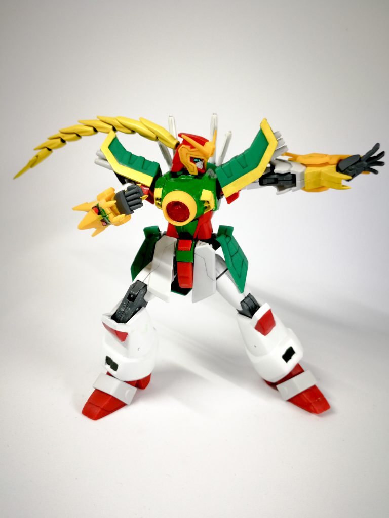 構えのポーズがかっこよすぎて濡れた（）

【材料】
・顔：HGガンダムバルバトス
・胴体・肩関節・二の腕・太もも：HGFCシャイニングガンダム
・弁髪：HG煌・ギラーガの鞭
・拳：次元ナックルMサイズ（丸）
・足首関節：自作