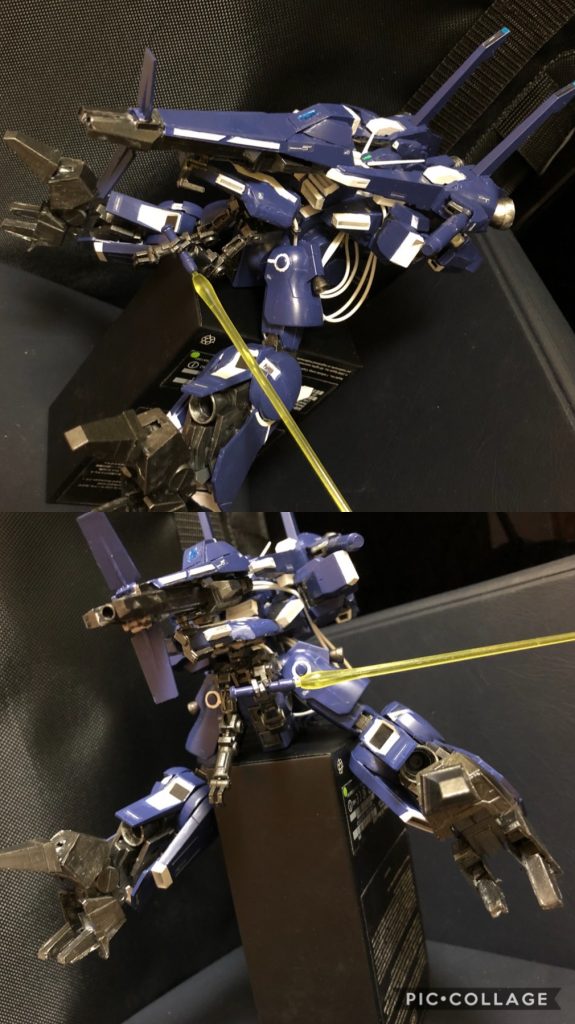 ●MA形態
ウェブライダー形態から脚を引き出し反転する事でMA形態となる。主にウェブライダー形態からの強襲を目的としており、ウェブライダー形態からの簡易な変形で加速したまま強襲し、両脚でのクローでの捕獲、隠し腕でビームサーベルによる攻撃を行う。ただし変形モデルとなったガザCでは、脚部クローで敵機を捕捉することは出来たが、あまり高い効果を挙げてはいなかった様子。