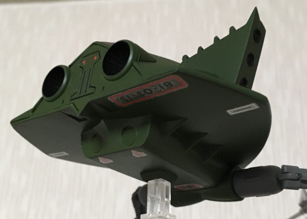 下面。汎用スタンドを使えるようにちょっとだけ加工してます。といっても3ミリ穴を開けた四角いノズルパーツを貼り付けただけですけど。

普段モビルスーツ一辺倒なので、久しぶりに人型でない物を作ってとても楽しめました。また ちょくちょく作りたいと思います。

今回はこれにて終了。
ありがとうございましたm(_ _)m